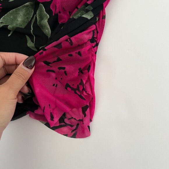 Vintage Eclipse Black Mesh Ruched-Side Tube Top with Floral Prints – Size L - Picture 6 of 8